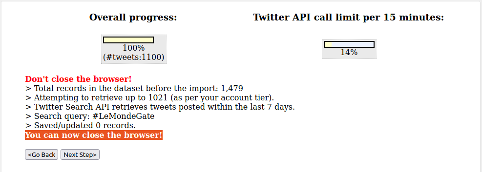 Progress of the dataset import from the Twitter API