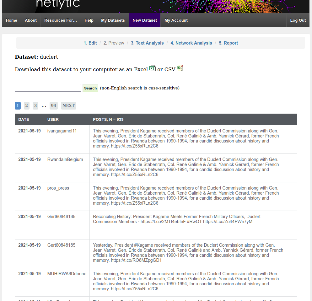 View of the table of the tweets dataset in Netlytic after preview