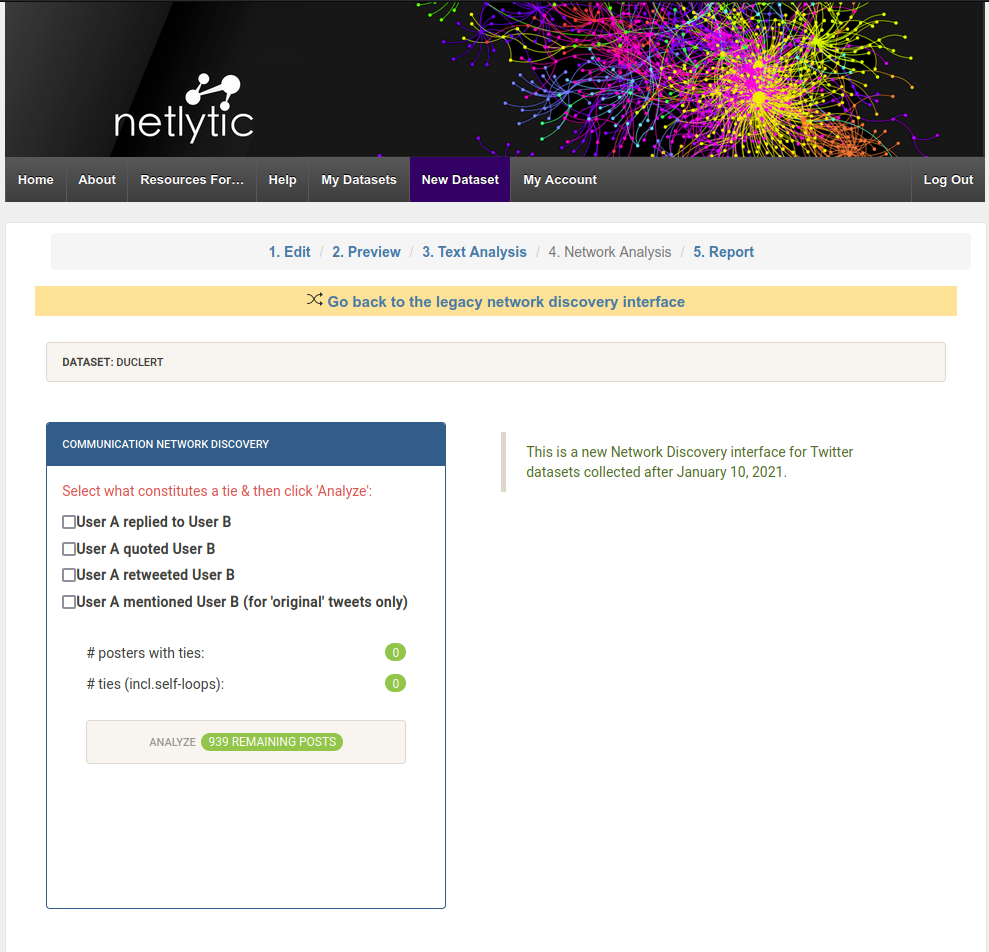 Network analysis tab in Netlytic