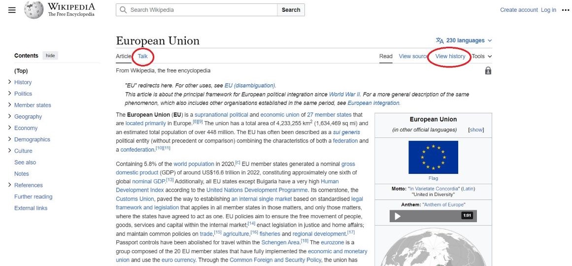 How to access “talk” and “view history” pages of a Wikipedia article